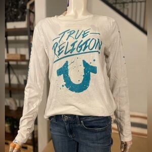 SOLD.  True Religion White and Blue Graphic Long Sleeve